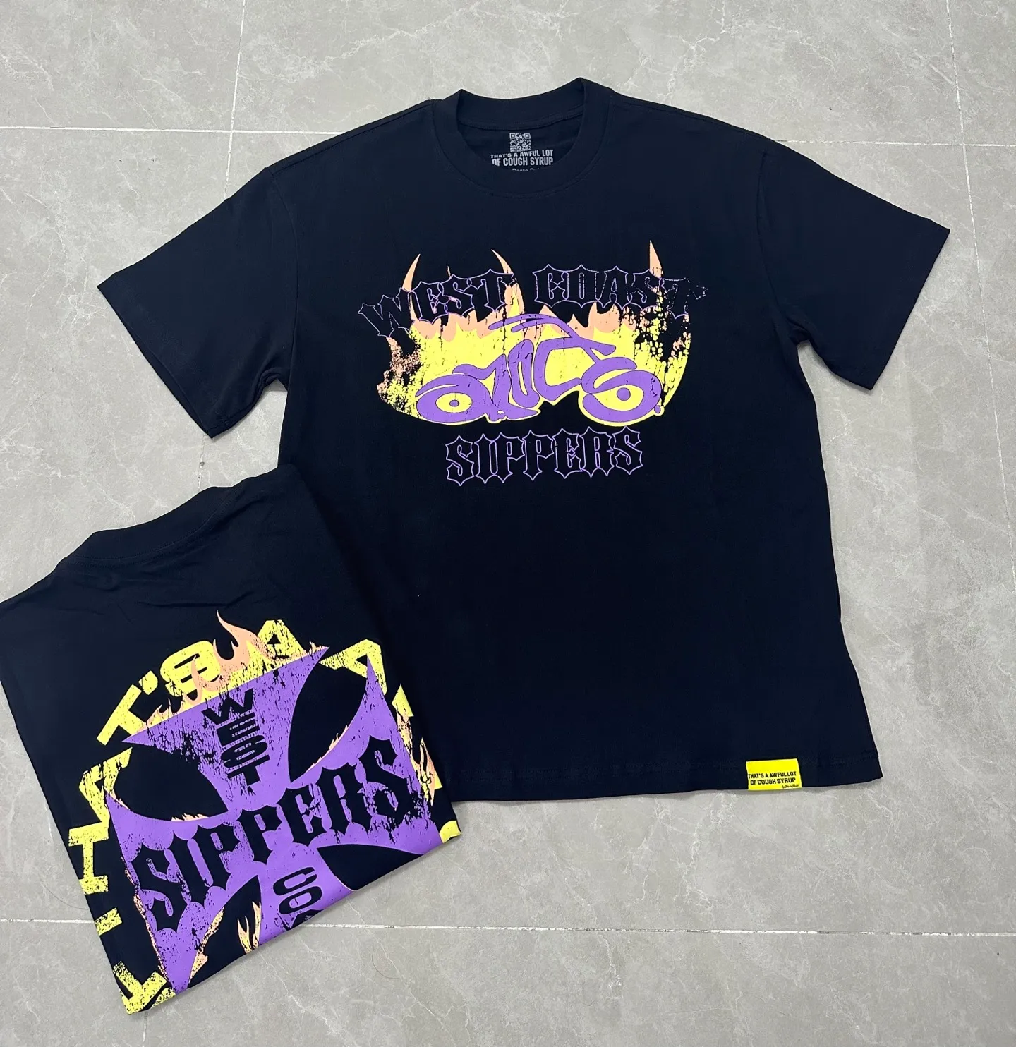 # - -purple I THAT'S A AWFUL LOT OF COUGH SYRUP In Stock Real shot American simple trendy brand loose casual T-shirt Fabric (fabric): 32 counts Weight combed double yarn pure cotton Sizes (size): S-M L X L Color (colour): Black-Green Black-Purple